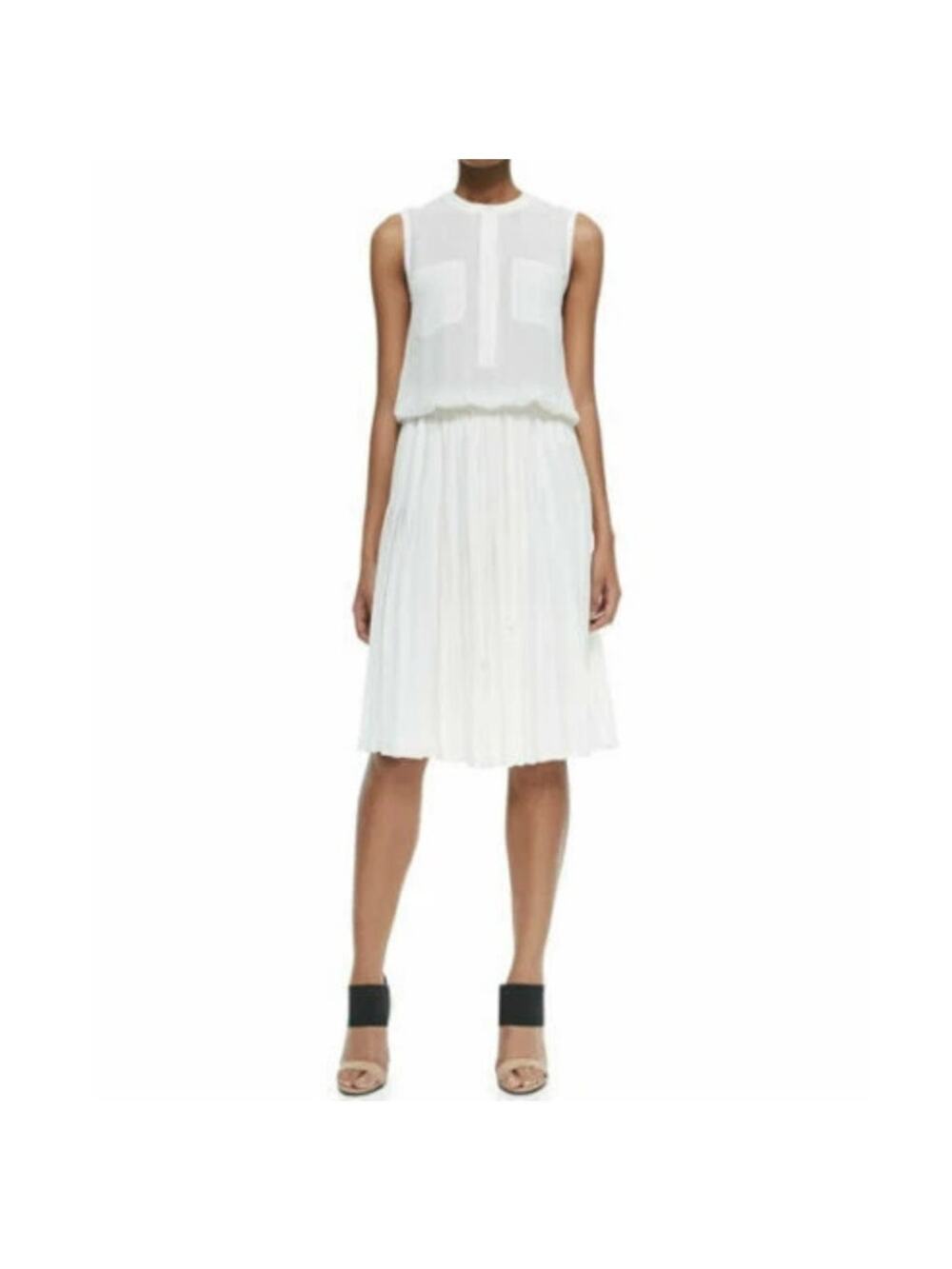 Vince Pleated Sleeveless Drawstring Waist A-Line Mid Dress Women’s XS White
